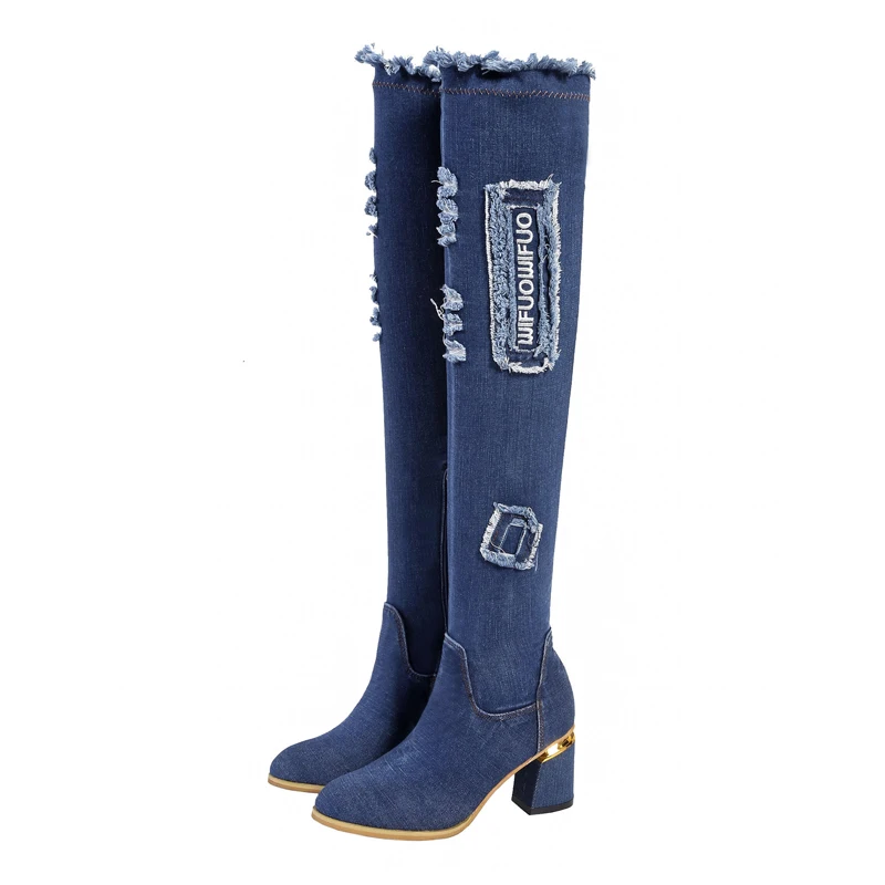 

2020 Autumn New Women's Denim Boots Fashion OverKnee Boot Slip on High Heels Casual Blue Shoes Female Over The Knee Boots Woman