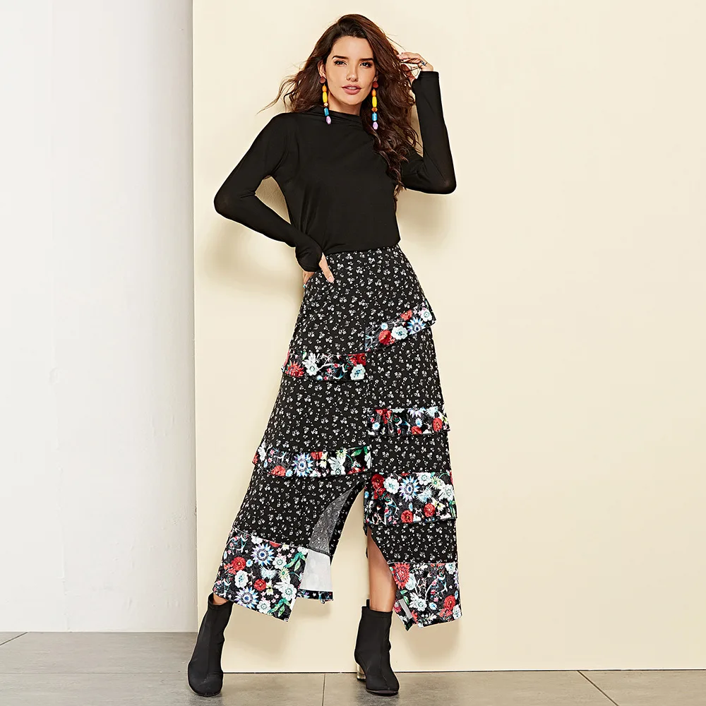 

Black Lotus Leaf Side Print Open Fork Black Skirt New 2019 Print Long Skirts for Women