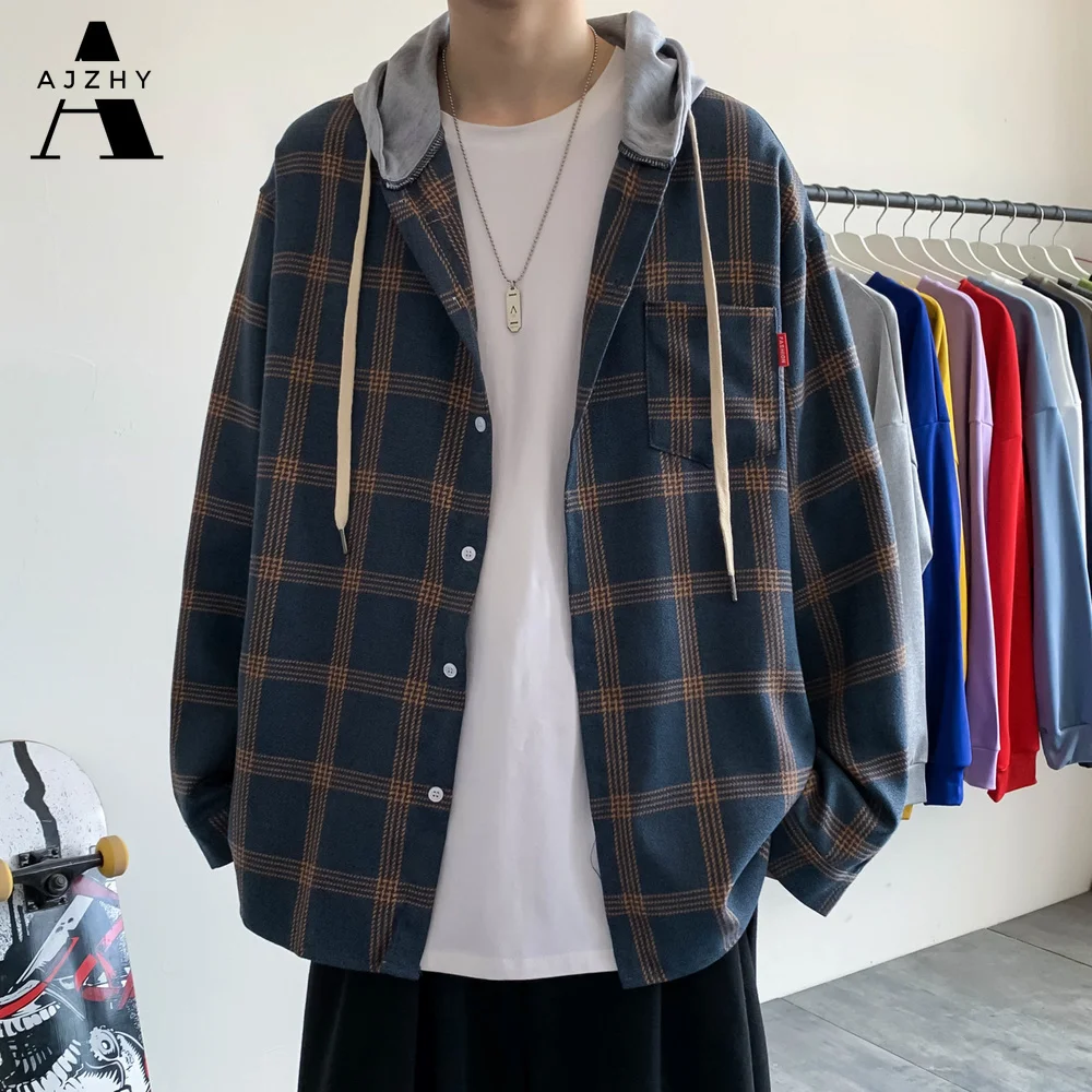 AJZHY Casual Hooded Plaid Shirt Men 