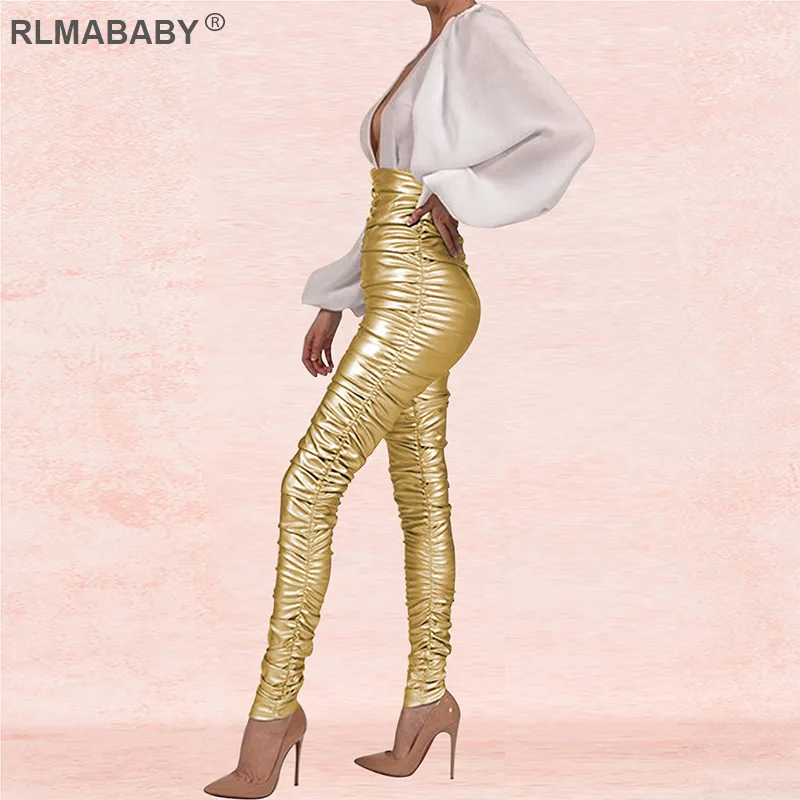 RLMABABY модные штаны для ночного клуба с рюшами из искусственной кожи с высокой талией женские золотые штаны на молнии сзади женские осенние сексуальные узкие брюки
