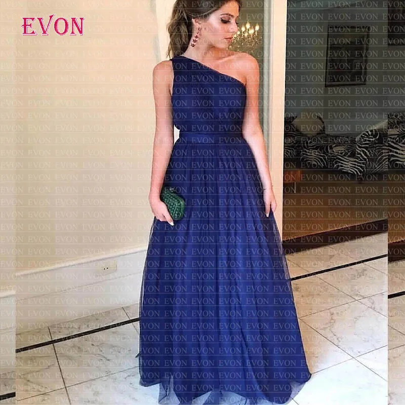 Robe De Soiree 2019 Dark Blue One Shoulder A Line Prom Dresses Custom Made Backless Tulle Long Prom Gowns Foemal Evening Dresses