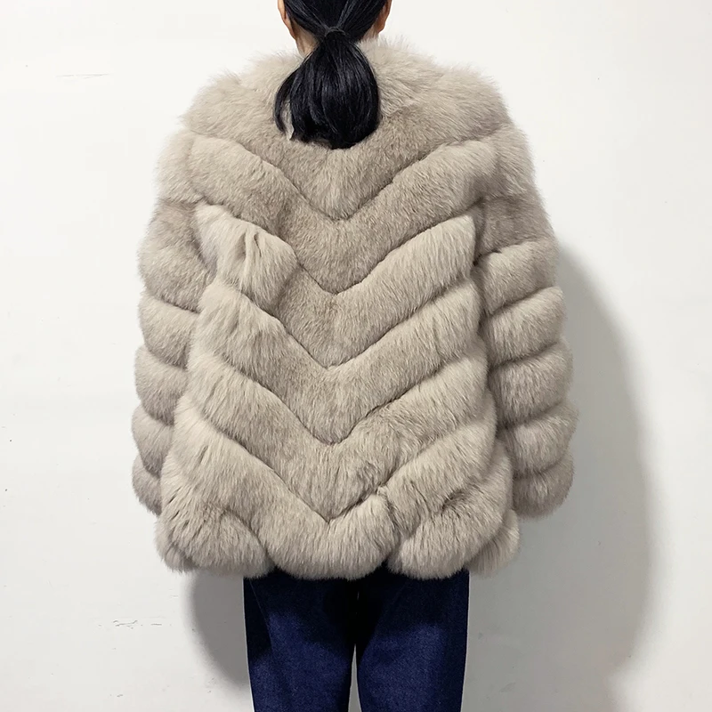 rf2053 Woman's Real Fox Fur Coat Winter Whole Leather Striped Pattern Natural Fur Jacket Warm Winter