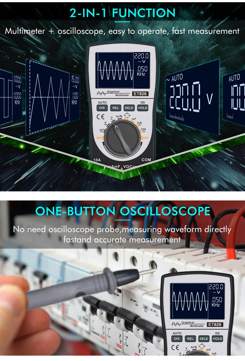 Et826 multímetro de gama automática com exibição de forma de onda osciloscópio
