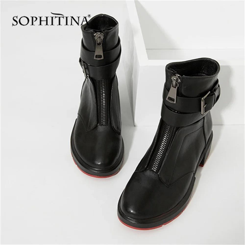 Skup SOPHITINA nowy 2019 kożuch botki dorywczo grube okrągłe Toe kwadratowy obcas kobiet buty z Retro klamra ciepłe buty zimowe M46
