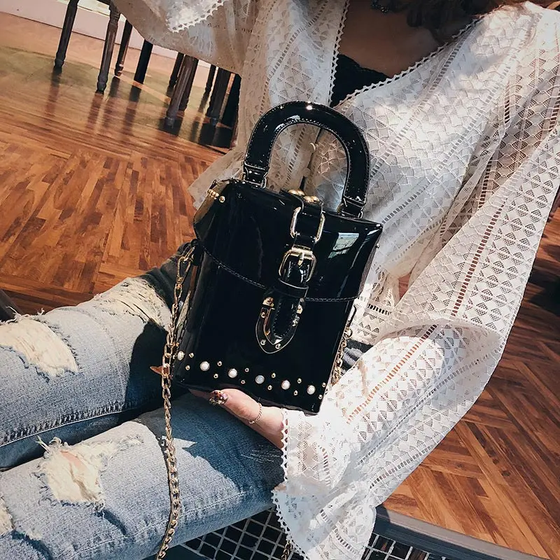 WOBAG New High Quality Women Patent Leather Cube Box Handbag Female Mini Diamond Simple Chain Shoulder Messenger Bag - Цвет: Black