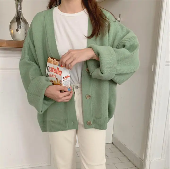 Autumn New Arrival Sweet Gentle Solid Color Loose Single-breasted Student Long-sleeved Knit Sweater Female Free Shipping