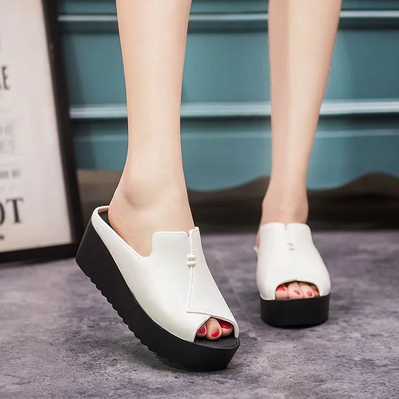 

Fashion Solid Women Platform Wedges Slippers Open Toe Outside Med Women Shoes Summer Casual Slides