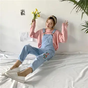 

Autumn Flowers Embroidery Denim Straight Jumpsuit Women Loose Pockets Long Rompers Floral Straps Pants Casual Overalls