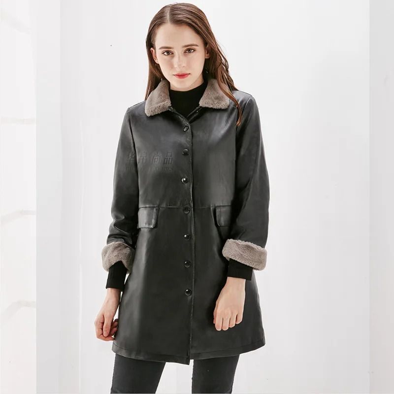 Black-fur inside Новинка, женская куртка из искусственной кожи, меховая подкладка, пальто, отложной воротник, средней длины, куртка, пальто для зимы и весны - Цвет: Black-fur inside