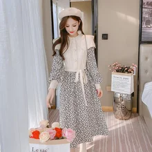 

Retro Print Corduroy Knitted Stitching Women's Dress Long Sleeve Buttons One Piece Korean Dresses With Belt Vestido Winter 2021