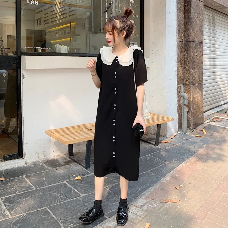 

Large Size Dress 2019 Summer Wear New Style Fashion Fat Mm Medium-length Skirt France Non-mainstream Peter Pan Collar Dress-