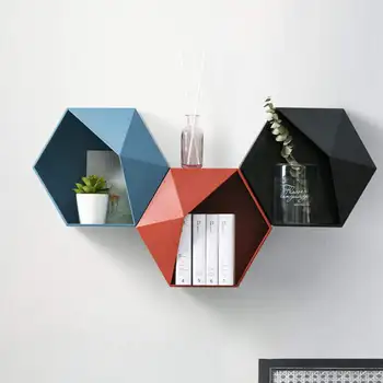 

Nordic Hexagon Storage Rack Box Floating Shelf Iron Wall Hanging Basin Geometric Wall-mounted Crafts Living Room Decor Organizer