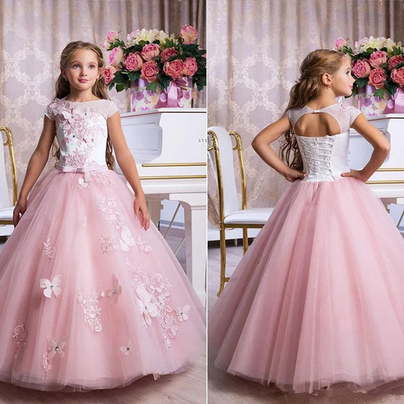 608White and pink Flower Girl Dresses Golden Lace Applique Sleeveless Tulle Wedding Cute Princess Communion Pageant Dresses