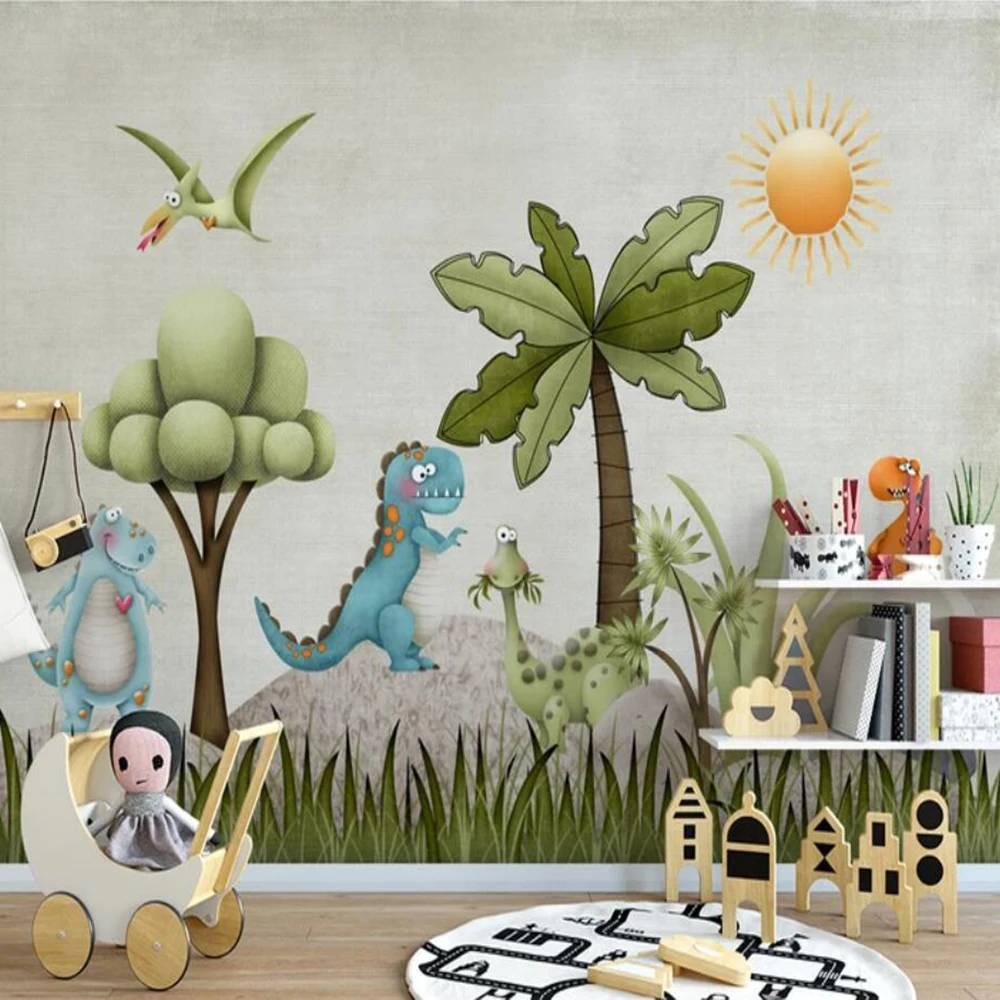 

Drop Shipping Custom 3D Wallpaper Mural Nordic Nostalgic Cartoon Dinosaur Illustration Children's Room Wall Paper Mural
