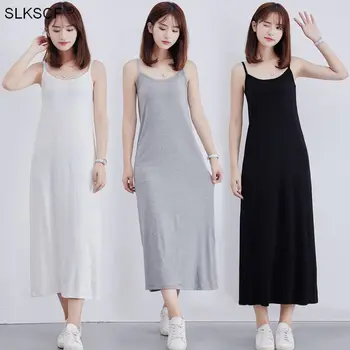 

[SLKSCF] Ladies Modal Full Slip Dress Spaghetti strap Vest Skirt 90 to 120cm Long Under dress Camisoles slips Inner Petticoat