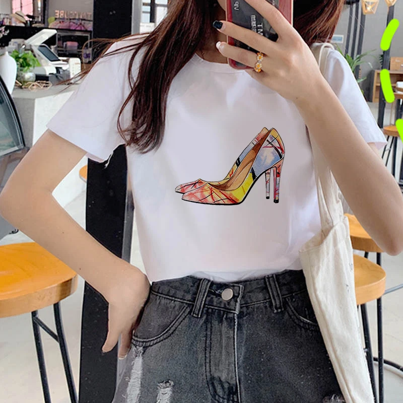 Sexy cartoon high heels Printed T Shirt Women Top Tees Harajuku kawaii Short Sleeve Ulzzang T-Shirt Femme   Camisetas Mujer 2020