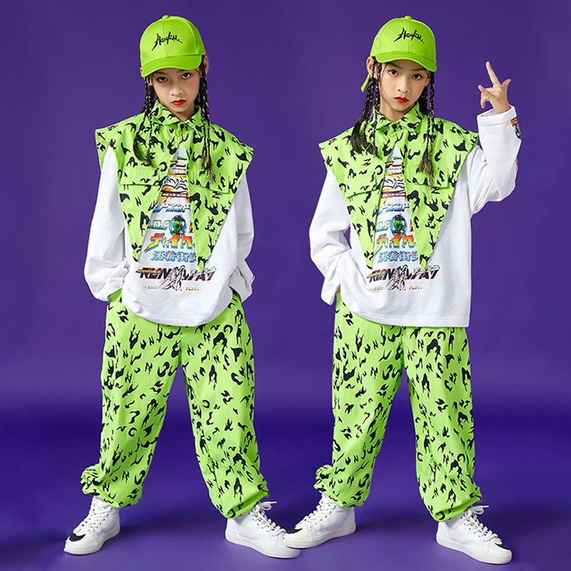 

2021 New Hip Hop Kids Wear Street Dance Clothes Green Vest Pants Long Sleeves Hiphop Suit Boys Concert Show Stage Costume BL7442