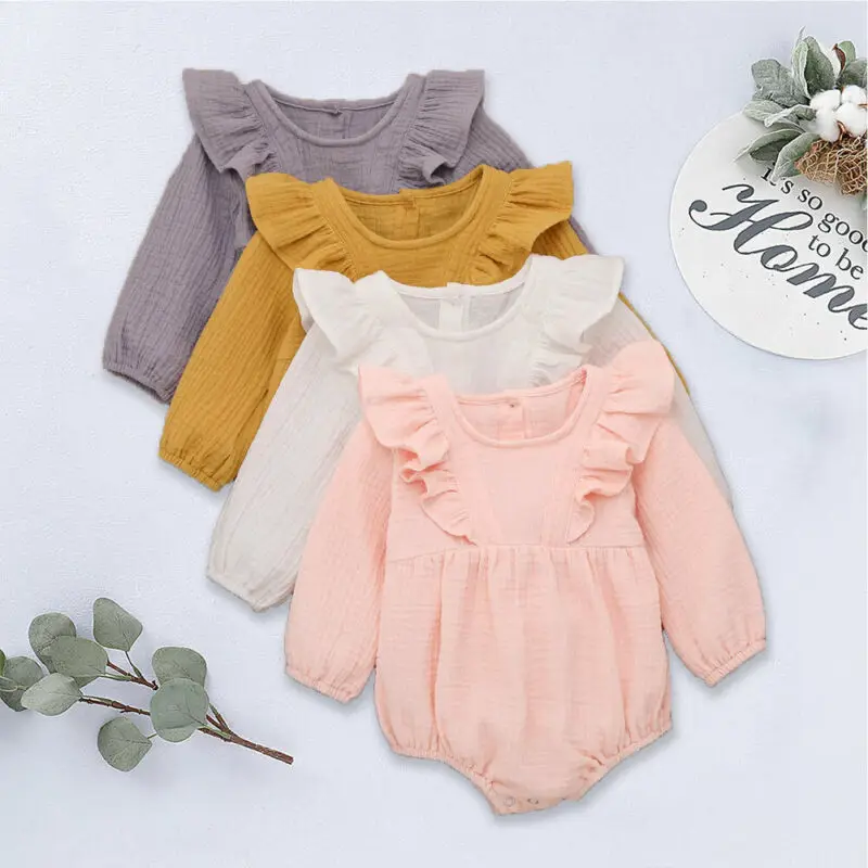 

Newborn Infant Baby Girls Clothes Long Sleeve Flutter One Piece Solid Color Linen Cotton Tops Romper Blouses Autumn