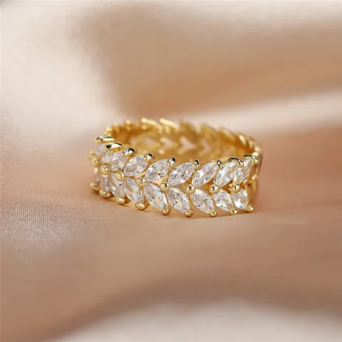 Female White Leaf Crystal Jewelry Rose Gold Silver Color Engagement Ring Charm Bride Zircon Wedding Band Rings For Women