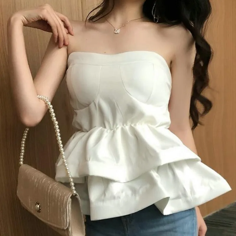 new Fashion Women Off Shoulder Ruffle Peplum Crop Tops Summer Loose Strapless Casual Solid Color Shirts Blouse |