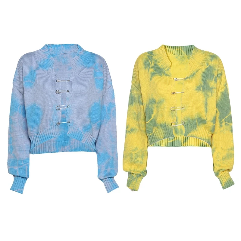 

Women Long Sleeve V-Neck Tie-Dye Sweater Coat Safety Pin Knit Cardigan Crop Top