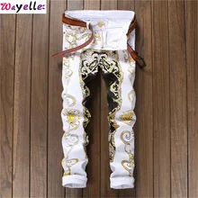 Осенние дикие мужские джинсы Простые Модные вышитые удобные длинные брюки прямые повседневные белые джинсы с рисунком