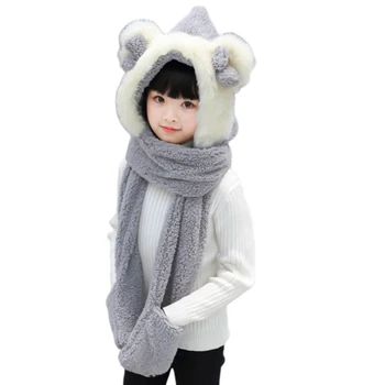 

Kids 3 In 1 Warm Plush Winter Hat Cute Bowknot Bear Ears Scarf Gloves Hoodie Cap AXYD