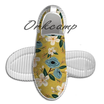 

Sport Running Shoes Yellow and Blue Floral Light Weight Walking Shoes Breathable Mesh Yoga Shoes