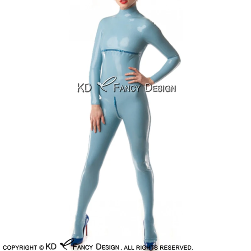 Голубое озеро сексуальный латексный комбинезон с грудью молния ноги носки