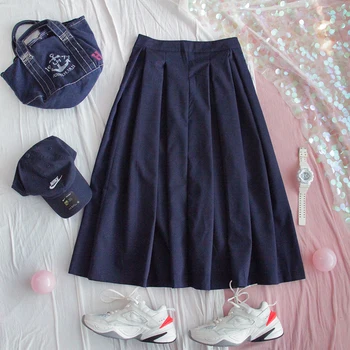 

Spring Women Solid Color Skirt Girls Mid-length A-line Skirt High waist Student Uniform Wild Sweet Pleated skirt College style