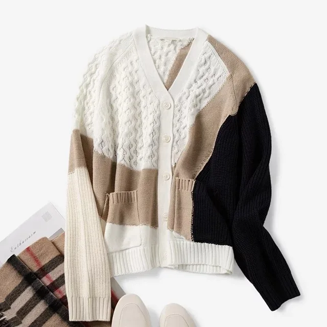 #Special Offers Hit Color Cardigan Autumn Winter Women V Neck Knitted Sweater Loose Knitwear Jacket Tops