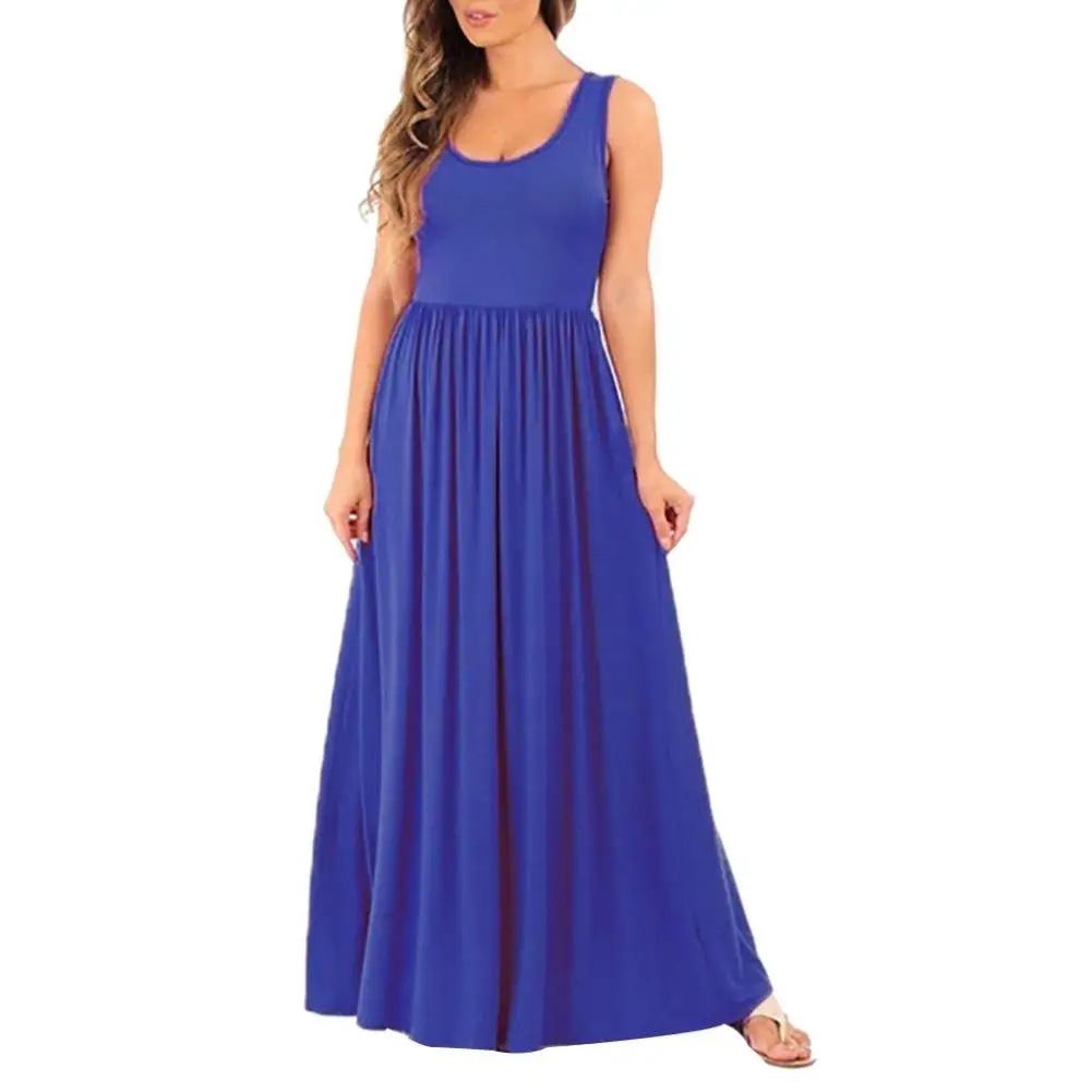 

Plus Size Summer Women Solid Color Pleated Sleeveless Round Neck Maxi Dress Women's Casual Solid Color sundress Pleated Design n