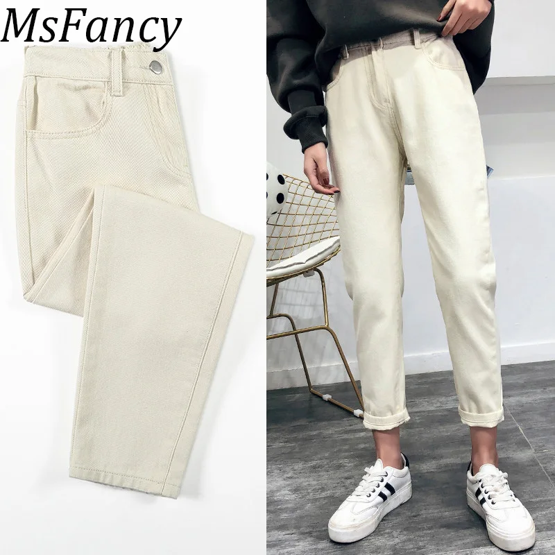 Online 2019 primavera verano Mujer casual alta cintura pantalones vaqueros blancos moda coreana cintura elástica pantalones vaqueros