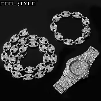 

Watch +Chain+Bracelet HIP HOP Coffee Iced Out Alloy Bean Pig Nose Rhinestone Necklace Chain choker Necklaces for Men Jewelry
