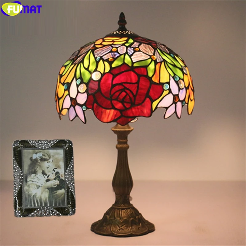 FUMAT Tiffany Style Table Lamps Red Yellow Rose Stained Glass Desk Lights Handcraft Arts Home Decor European Lighting 6