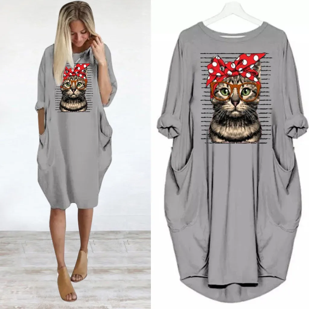 Cat Long Dress Women Plus Size 3XL O-Neck платье Summer Fashion HOT Long Sleeve Printed Short Mini Autumn A-Line Dress Wholesale