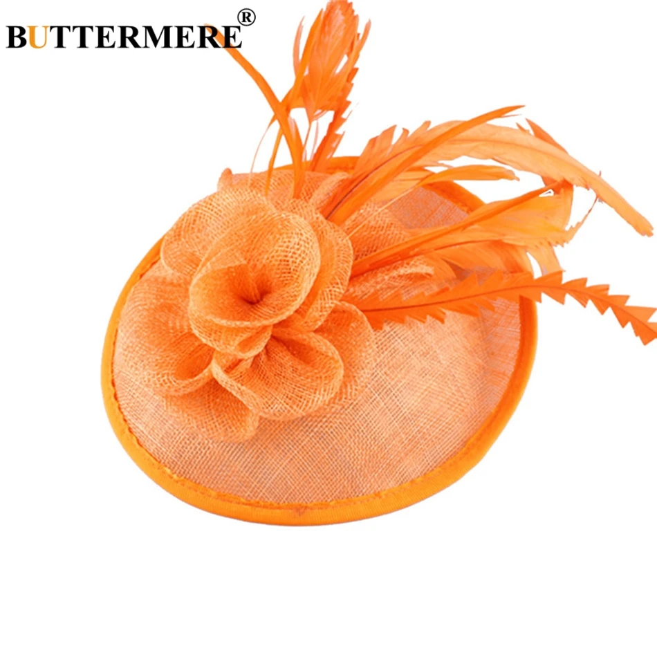 BUTTERMERE, британская Свадебная шляпа, Женская оранжевая льняная фетровая шляпа, Дамская элегантная шапка из страусиных перьев, церковная шляпа с цветком, Женская Праздничная шляпа