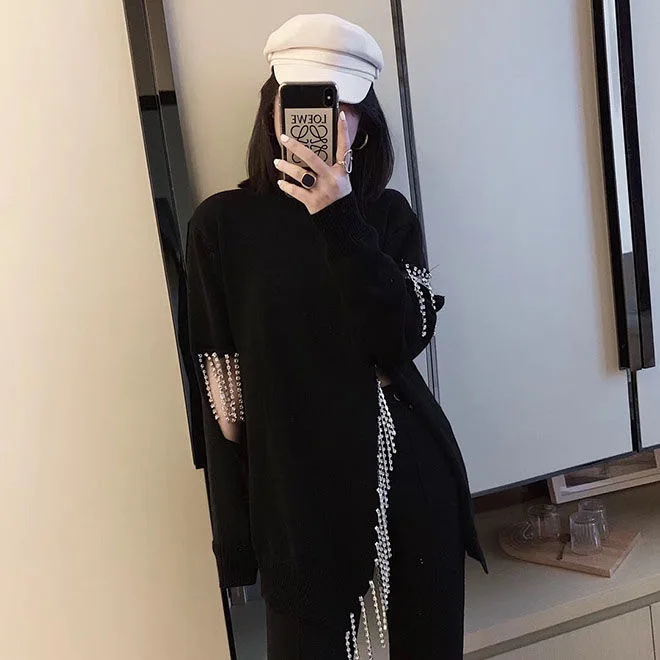 

Rainstone Tassel Knitted Sweater Women Loose Side Split Hollow Out Pullovers New Fashion Long Sleeve Diamond Knitwear