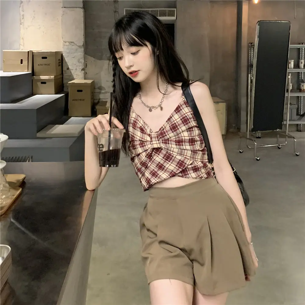 lounge wear Shorts Sets Women Sexy Fashion Camis Plaid Bow Wide Leg Coffee High Waist Comfort Street Harajuku Leisure Korean Style Summer plus size sweat suits