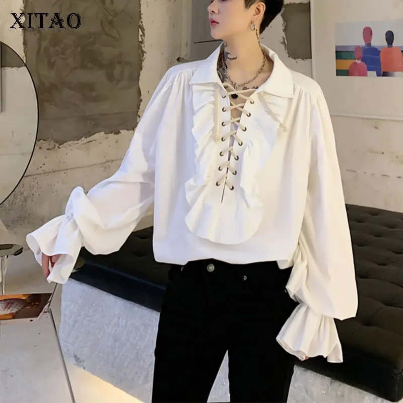 

XITAO Vintage Ruffles White Black Shirt Patchwork Women Fashion Turn Down Collar Drawstring Hollow Out Blouse Autumn WQR1451