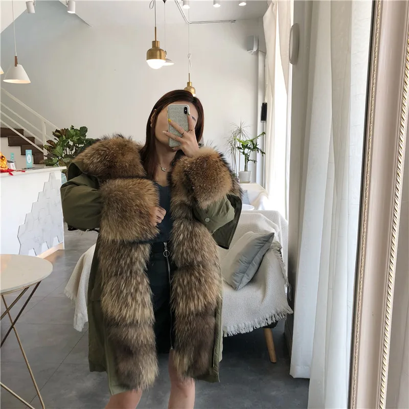 raccoon fur Зимние пуховики, женские пальто с натуральным мехом, Воротник из натурального Лисьего меха, свободные длинные парки, верхняя одежда с большим мехом, съемная - Цвет: raccoon fur