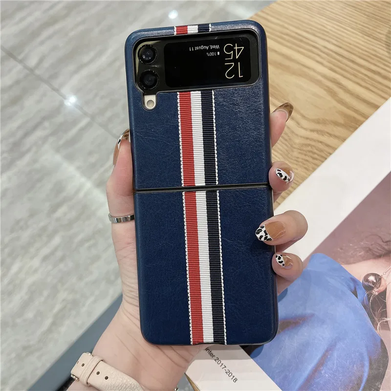 case for galaxy z flip3 2021 Fashion stripe Litchi grain Cross pattern case for Samsung Galaxy Z Flip 3 Cover Anti-knock luxury leather Cases for Flip3 case for samsung z flip 3