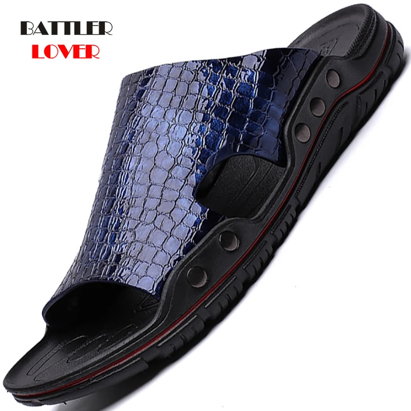 Men Slippers Summer Flat 2020 Summer Man Shoes Breathable Beach Slipper Male Genuine Leather Flip Flops Mens Slippers Size 38-45