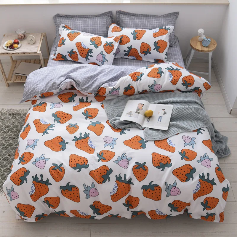 Fruit Printing 4pcs Kid Bed Cover Set Cartoon Duvet Cover Breathable Bed Sheets and Pillowcases Comforter Bedding Set Full Sizes