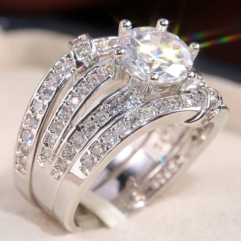Silver USTAR 3 шт./компл. Роскошные блестящие кубического циркония свадебные кольца для Женская мода ювелирные изделия палец широкий набор обручальных колец для женщин anel - Цвет основного камня: Silver