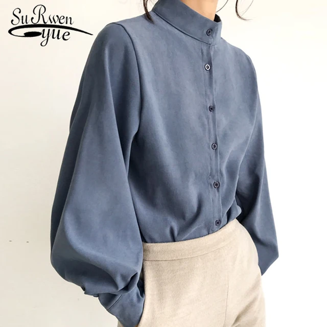 US $13.71 Fashion women blouse shirt lantern long sleeve women shirts solid stand collar office blouse womens