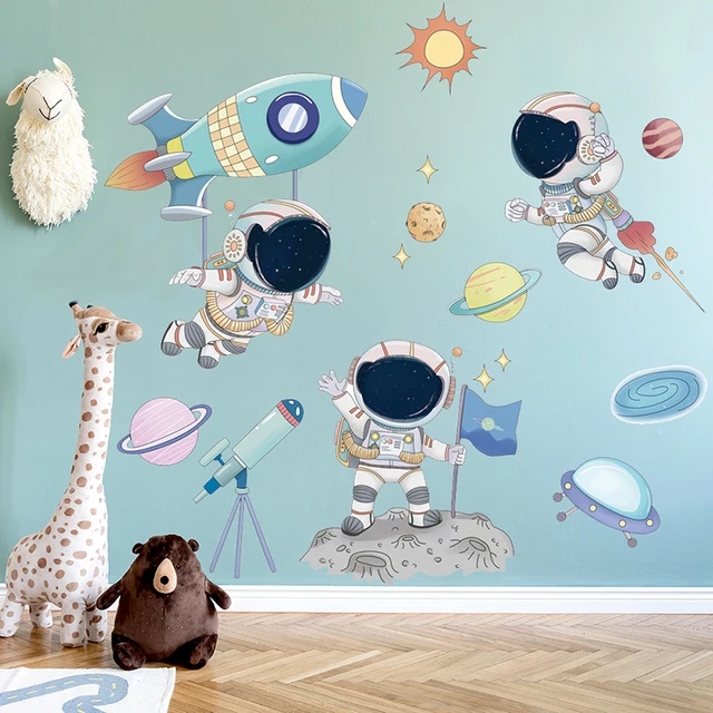 Pegatinas de pared de astronauta espacial para habitación de niños, decoración de pared de guardería, vinilo extraíble de PVC, calcomanías de pared de dibujos animados, decoración del hogar 1