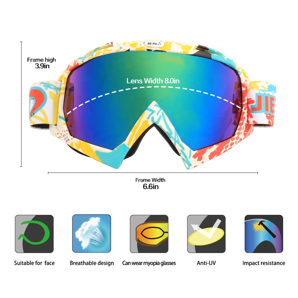 Jiepolly лыжные очки для катания на лыжах, сноуборде, защитные очки для снегохода для мужчин и женщин, многоцветные линзы, очки для катания на коньках, противотуманные