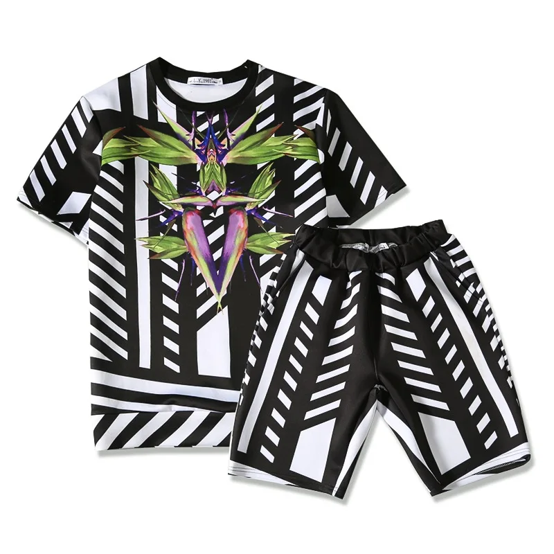 

2019 Summer New Style 3D Stripes Leaves Printed Teenager Men's Fashion Popular Short Sleeve Shorts Two-Piece Set