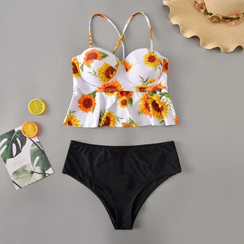 

2020 High Waist Bikini Swimwear Women Sunflower Print Push Up Bikini Strapless Ruffle Bandeau Bikinis Vintage Bathing Suit